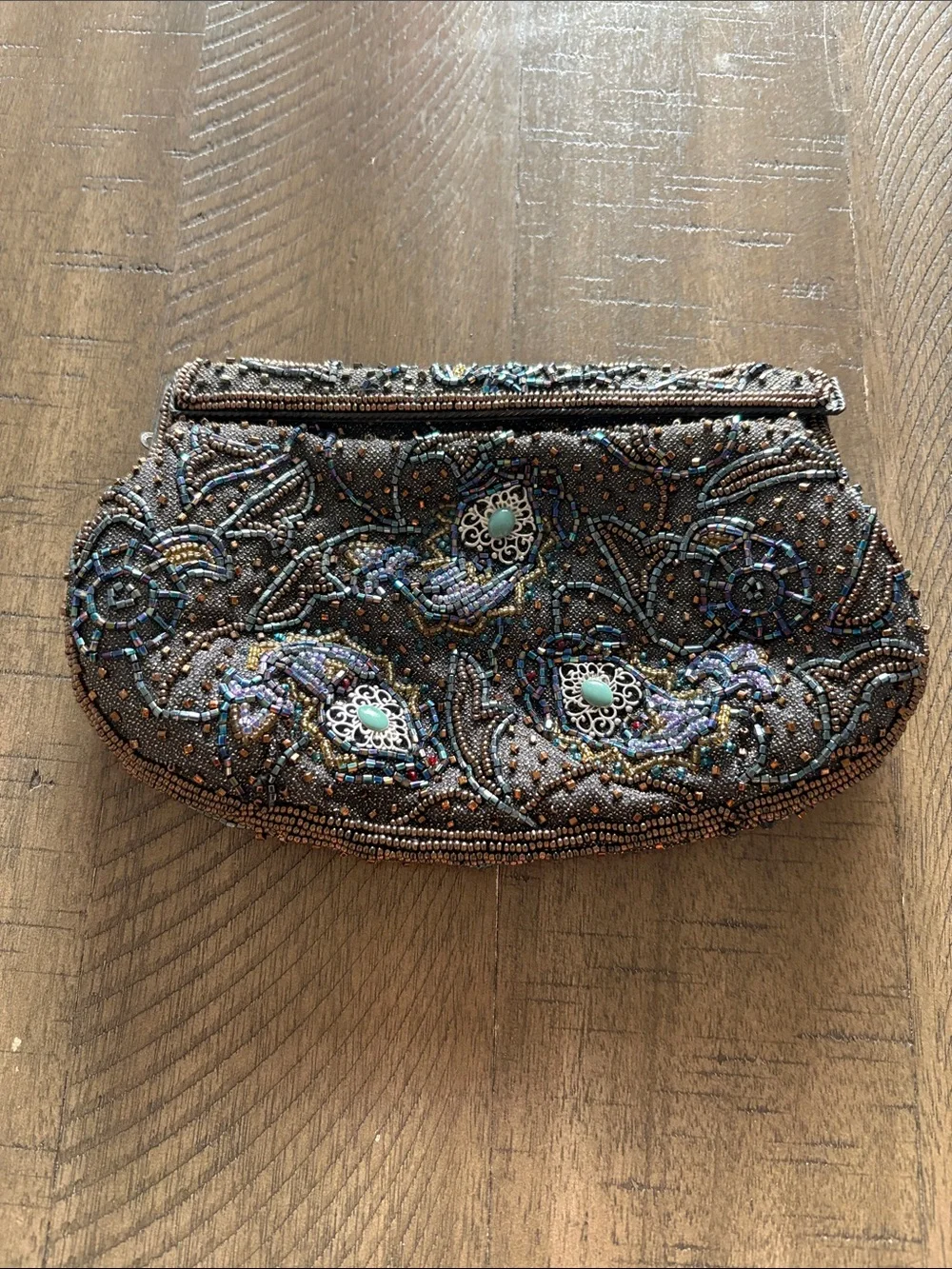 Beaded Evening Clutch Bag in Brown with Iridescent Accents